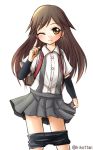  1girl arashio_(kantai_collection) arm_warmers bike_shorts brown_eyes brown_hair kantai_collection long looking_at_viewer one_eye_closed pants_down pleated_skirt school_uniform serafuku skirt smile solo suspenders twitter_username yoshizawa_hikoto 