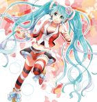  aqua_eyes aqua_hair bare_shoulders bracelet cola_miku detached_sleeves hatsune_miku headset highres irono_yoita jewelry long_hair midriff navel necklace open_mouth skirt smile striped striped_legwear thigh-highs thighhighs twintails very_long_hair vocaloid 