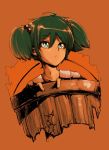  1girl ahoge brown_background bucket face green_eyes green_hair hair_bobbles hair_ornament harusame_(unmei_no_ikasumi) in_bucket in_container kisume short_hair simple_background solo touhou twintails 