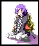  between_legs blush border gradient_hair hand_between_legs highres hijiri_byakuren long_hair looking_at_viewer minagokoro multicolored_hair no_shoes open_mouth simple_background sitting smile solo touhou very_long_hair white_background yellow_eyes 