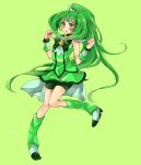  bike_shorts boots bowtie cure_march dress green green_background green_dress green_eyes green_hair long_hair midorikawa_nao ponytail precure shorts_under_skirt skirt smile_precure! solo standing_on_one_leg tri_tails tukikage1121 wrist_cuffs 