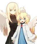  :d ahoge aqua_eyes blonde_hair character_request dress feathered_wings hand_on_head long_hair lowres messier_number multiple_girls open_mouth simple_background smile tenshi_no_utsuwa vessel_of_an_angel white_background white_wings wings 