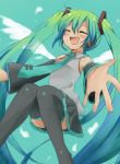  closed_eyes detached_sleeves eyes_closed foreshortening green_hair hatsune_miku headset long_hair necktie open_mouth skirt solo sudachi_(calendar) thigh-highs thighhighs twintails very_long_hair vocaloid wings 