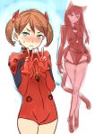  asobi_ni_iku_yo! blue_eyes blush brown_hair cat_ears crossed_legs_(standing) crossover double_v eris_(asobi_ni_iku_yo!) hand_on_hip hips long_hair neon_genesis_evangelion nishieda plugsuit shikinami_asuka_langley short_hair smile soryu_asuka_langley souryuu_asuka_langley sweat tail twintails v 