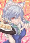  ;q animal_ears blush braid cake candle food fork izayoi_sakuya maid_headdress mumulatte plate red_eyes ribbon short_hair silver_hair solo the_embodiment_of_scarlet_devil tongue touhou twin_braids wink 