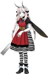 antennae blue_eyes bow corset dress fang fingerless_gloves gloves holding insect_wings long_hair maid maid_headdress messier_number original pantyhose pink_hair saw simple_background solo striped striped_dress striped_legwear twintails vampire white_background white_skin wings 