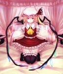  ascot bed black_legwear blonde_hair canopy_bed curtsey dress flandre_scarlet frills hat highres indoors kneeling large_wings looking_at_viewer on_bed pillow red_eyes short_hair side_ponytail smile solo ten_ryuu_sadaaki the_embodiment_of_scarlet_devil thigh-highs thighhighs touhou wings 