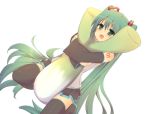  aqua_eyes aqua_hair bad_id detached_sleeves dutch_angle hatsune_miku hikicha long_hair looking_at_viewer open_mouth pillow pillow_hug simple_background skirt smile solo spring_onion twintails very_long_hair vocaloid 