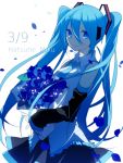  39 blue_eyes blue_hair bouquet character_name detached_sleeves flower hatsune_miku hijiri_(resetter) long_hair mikupa necktie simple_background skirt solo twintails very_long_hair vocaloid white_background 