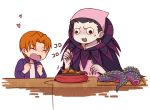  ^_^ bandana bandanna black_eyes black_hair caster_(fate/zero) chibi closed_eyes cooking eyes_closed fate/zero fate_(series) head_scarf heart jacket kty_(04) male multiple_boys orange_hair purple_jacket tentacle tentacles uryuu_ryuunosuke white_background 