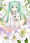  aqua_eyes aqua_hair bare_shoulders choker dress flower hair_ornament hairclip hatsune_miku lace leaf lily lily_(flower) nana_mikoto smile solo twintails vines vocaloid 