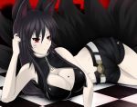  1girl absurdres animal_ears bad_anatomy bad_id belt black_gold_saw black_gold_saw_(cosplay) black_hair black_rock_shooter breasts cleavage cosplay facial_mark forscience fox fox_ears fox_tail highres large_breasts league_of_legends long_hair lying multiple_tails navel on_side red_eyes scar short_shorts shorts solo star tail tattoo 