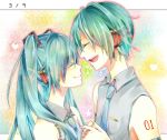  1girl 39 aqua_eyes aqua_hair closed_eyes eyes_closed genderswap hand_holding hatsune_miku hatsune_mikuo holding_hands mikupa necktie open_mouth shiro_(ryuu) smile twintails vocaloid 