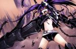  arm_cannon black_hair black_rock_shooter blue_eyes chain chains choker claws crazy dos_(artist) insane_black_rock_shooter jacket midriff multicolored_eyes navel open_mouth red_eyes scar shorts solo spoilers twintails weapon 