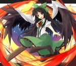  arm_cannon black_hair black_legwear black_wings bow breasts cape hair_bow highres long_hair open_mouth red_eyes reiuji_utsuho shoes skirt smile solo thigh-highs thighhighs third_eye touhou ut_pictura_poesis weapon wings 