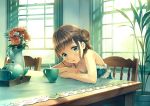 1girl brown_hair cup flower flower_pot green_eyes hair_bun kurage_(kurakurapix) short_hair solo table teapot window 