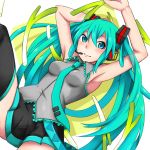  aqua_eyes aqua_hair armpits arms_up bad_id detached_sleeves hatsune_miku headset long_hair necktie potato_(potato1827) skirt solo spring_onion thigh-highs thighhighs twintails very_long_hair vocaloid 