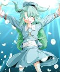  \o/ arms_up backpack bag blush closed_eyes eyes_closed green_hair hat highres kawashiro_nitori key minagokoro open_mouth outstretched_arms smile solo touhou underwater 