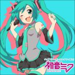  ;d bad_id bare_shoulders character_name fang green_eyes green_hair hatsune_miku hiyutan_(hiyuka11) long_hair microphone nail_polish necktie open_mouth skirt smile solo thigh-highs thighhighs twintails very_long_hair vocaloid wink 