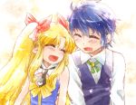  blonde_hair blue_hair blush closed_eyes detached_collar eyes_closed fang formal laughing long_hair lotte_no_omocha! mutou_(canaria) mutou_mato necktie pointy_ears short_hair smile suit touhara_naoya twintails 
