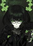  92m bangs black_hair black_rock_shooter bust dead_master glasses green_eyes horns looking_at_viewer solo 