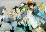  baseball_cap bel_(pokemon) black_hair blonde_hair blue_eyes brown_eyes brown_hair cheren_(pokemon) coat fujimura_(marina) glasses gloves green_eyes hair_between_eyes hat minccino n_(pokemon) pokemon pokemon_(game) pokemon_bw simple_background smile spoilers tabard team_plasma team_plasma_grunt tears touya_(pokemon) translated 