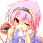  ;d bare_shoulders eyeball face finger_to_face hairband highres komeiji_satori looking_at_viewer open_mouth pink_hair red_eyes short_hair simple_background smile solo third_eye touhou wakagi_repa white_background wink 