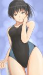 akitotika amagami black_eyes black_hair breasts competition_swimsuit grin hips looking_down one-piece_swimsuit ponytail smile solo swimsuit towel tsukahara_hibiki wide_hips