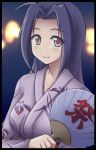 ahoge breasts brown_eyes fan idolmaster japanese_clothes kimono large_breasts long_hair miura_azusa purple_hair smile solo utomo 