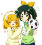  ball blonde_hair cardigan closed_eyes eyes_closed green_eyes green_hair hairband kise_yayoi midorikawa_nao multiple_girls necktie open_mouth ponytail precure school_uniform shinji_(udonteishoku) short_hair sleeves_rolled_up smile smile_precure! soccer_ball sweater_vest vest 