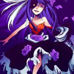  asymmetrical_clothes asymmetrical_clothing beatrice_(wild_arms_3) dress flower long_hair purple_background purple_hair purple_rose red_eyes rose smile solo suzuoka_mizuki wild_arms wild_arms_3 