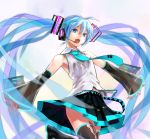  armpits bare_shoulders blue_eyes blue_hair detached_sleeves hatsune_miku headset leg_up long_hair necktie open_mouth outstretched_arms pleated_skirt rokkaku_(ajisaidenden) skirt solo thigh-highs thighhighs twintails very_long_hair vocaloid 