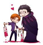  black_eyes black_hair caster_(fate/zero) chibi fangs fate/zero fate_(series) grin heart hook jacket kty_(04) male multiple_boys orange_hair purple_jacket saw smile uryuu_ryuunosuke white_background 