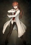  black_background black_legwear blood bloody_clothes blue_eyes boots brown_hair female fighting_stance labcoat long_hair looking_at_viewer makise_kurisu necktie no_pants open_mouth panties panties_under_pantyhose pantyhose pose posing red_hair shiohara_shin&#039;ichi shiohara_shin'ichi simple_background solo steins;gate underwear white_panties 