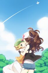  airplane bare_shoulders baseball_cap bel_(pokemon) beret blonde_hair brown_hair condensation_trail contrail green_eyes happy hat highres hug multiple_girls pokemon pokemon_(game) pokemon_bw ponytail shorts touko_(pokemon) wavy_hair weee_(raemz) wink wristband yuri 