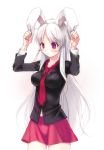  alternate_costume alternate_hair_color animal_ears breasts bunny_ears dress_shirt ichiro_yoshizumi impossible_clothes large_breasts long_hair necktie purple_eyes reisen_udongein_inaba shirt silver_hair simple_background skirt solo touhou very_long_hair violet_eyes white_hair 