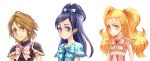  blonde_hair blue_eyes blue_hair bow bowtie brown_eyes brown_hair cure_black cure_white dress earrings futari_wa_precure futari_wa_precure_max_heart green_eyes hair_bow half_updo heart jewelry kujou_hikari long_hair misumi_nagisa multiple_girls potepote precure shiny_luminous simple_background smile twintails white_background yukishiro_honoka 