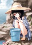  another black_hair blurry bucket daizo depth_of_field eyepatch hands_on_knees hat highres misaki_mei octopus one-piece_swimsuit red_eyes sandals school_swimsuit short_hair solo squatting sun_hat swimsuit swimsuit toes 
