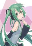  errant faux_traditional_media finger_to_mouth green_hair hatsune_miku headset long_hair mikupa necktie smile solo twintails very_long_hair vocaloid 