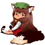  :&lt; alternate_hair_length alternate_hairstyle animal_ears big_hair cat_ears cat_tail chen child earrings hat jewelry long_hair looking_back mary_janes onikobe_rin shoes sitting socks solo tail touhou white_background white_legwear 