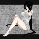  aoshima bags_under_eyes bare_legs bare_shoulders barefoot black_eyes black_hair breasts cable cleavage empty_eyes hair_over_one_eye headphones highres large_breasts long_hair naked_shirt no_bra off_shoulder original shirt slender_waist solo very_long_hair 