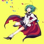  antennae blue_eyes cape envelope flower green_hair high_heels open_mouth pants shoes short_hair solo touhou wriggle_nightbug yellow_background yukiusagi_(paretto) 