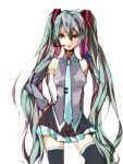  aqua_eyes aqua_hair bad_id detached_sleeves gm_(noatake) hand_on_hip hatsune_miku headset highres hips long_hair necktie open_mouth simple_background skirt solo thigh-highs thighhighs twintails very_long_hair vocaloid white_background 
