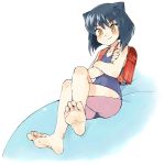  arcana_heart backpack bag barefoot black_hair cat_ears crossed_arms crossed_legs daidouji_kira feet oyatsu_(mk2) pov_feet randoseru school_swimsuit short_hair sitting smile soles solo swimsuit toes yellow_eyes 