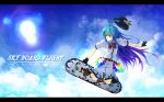  ahoge blue_hair board cloud fingerless_gloves food fruit gloves hat hat_removed headwear_removed hinanawi_tenshi letterboxed long_hair pandora-ex peach red_eyes shorts sky sky_surfing skyboard smile solo touhou 