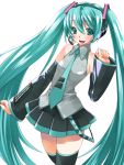  alric aqua_eyes aqua_hair bare_shoulders detached_sleeves fang hatsune_miku headset long_hair necktie open_mouth simple_background skirt solo thigh-highs thighhighs twintails very_long_hair vocaloid white_background 