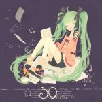  ahoge character_name closed_eyes eyes_closed green_hair hair_ribbon hand_on_headphones hatsune_miku headphones headphones_around_neck long_hair mero_(jiantumelody) mikupa musical_note open_mouth ribbon sheet_music shoes shorts sitting solo star thigh-highs thighhighs twintails very_long_hair vocaloid 