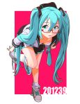  2012 9aki adjusting_shoe aqua_eyes aqua_hair bespectacled bra collarbone dated down_blouse glasses hatsune_miku highres leaning_forward lingerie long_hair mikupa necktie open_clothes open_shirt panties panties_around_leg panties_around_one_leg red-framed_glasses semi-rimless_glasses shoes skirt socks solo standing_on_one_leg striped striped_panties twintails under-rim_glasses underwear undone_necktie very_long_hair vocaloid 