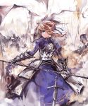  aqua_eyes armor armored_dress army battlefield blonde_hair dress fate/stay_night fate/zero fate_(series) from_behind gauntlets hair_ribbon knight looking_back polearm puffy_sleeves qianshuhao ribbon saber short_hair soldiers spear sword weapon 