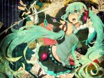  amatsuki_colors detached_sleeves fingerless_gloves gloves green_eyes green_hair hand_on_headphones hatsune_miku headphones headset long_hair mound_of_venus navel open_mouth outstretched_arm paper sheet_music skirt solo twintails very_long_hair vocaloid 